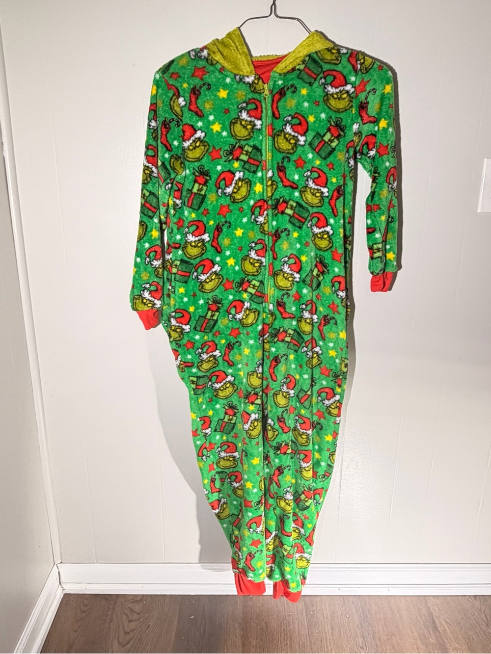 Dr. Seuss Grinch Green Fleece Hooded Onesie with Red Accents